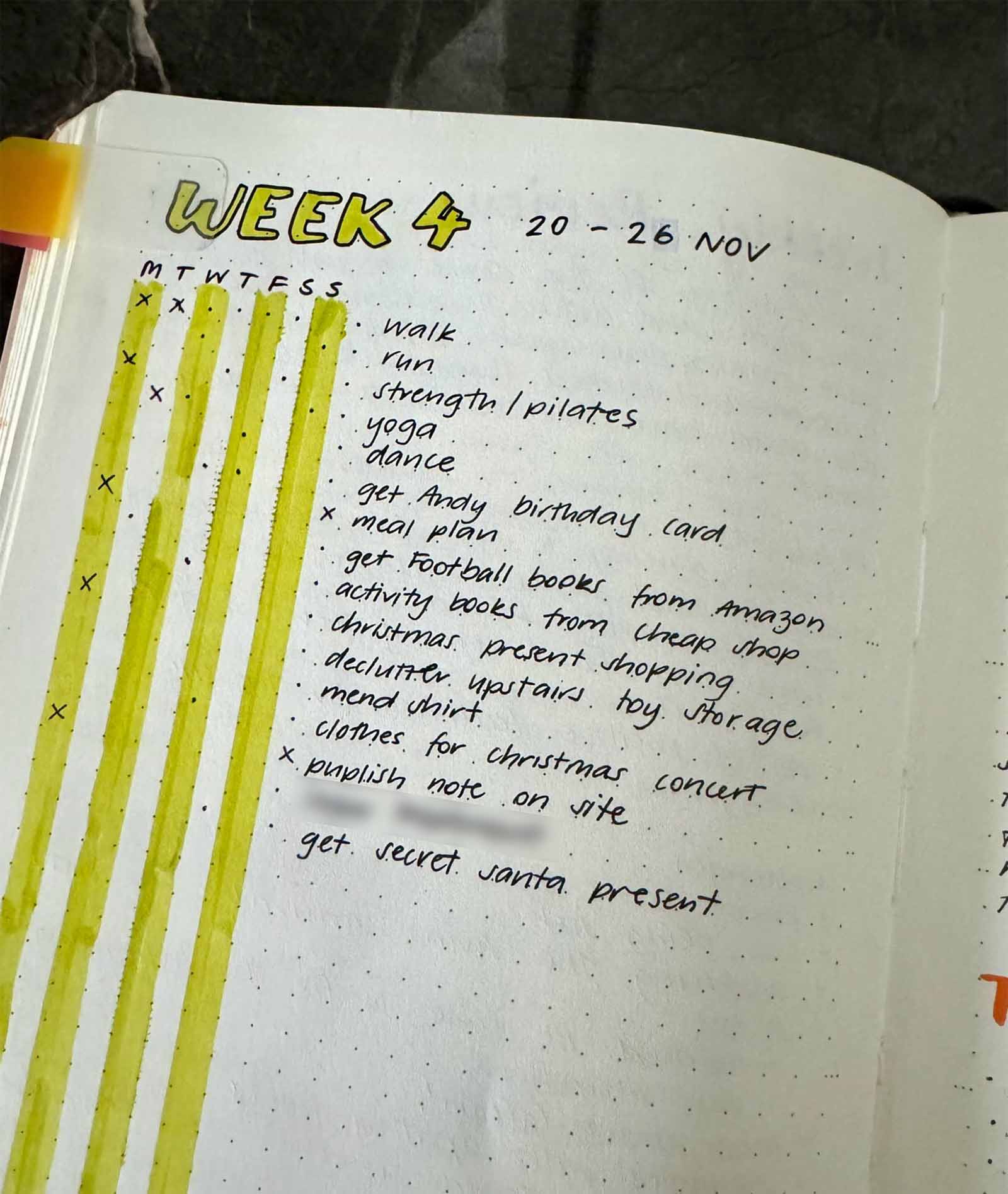 A photo of my bullet journal open on the weekly task list spread