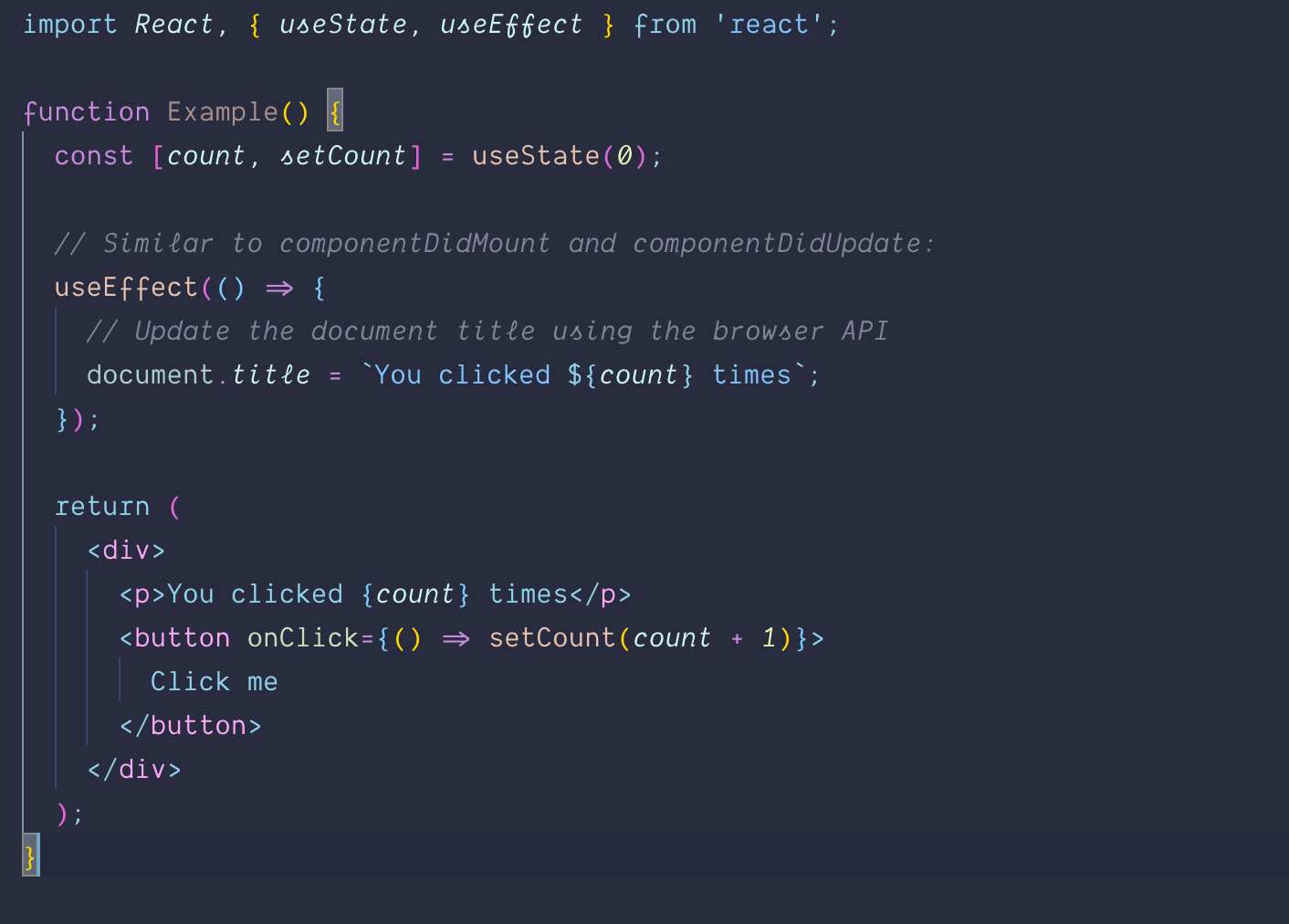 A sample of React code with the In Bed By 7pm Theme
