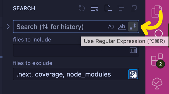 A screenshot of VS Code's search sidebar with "Use Regular Expression" selected