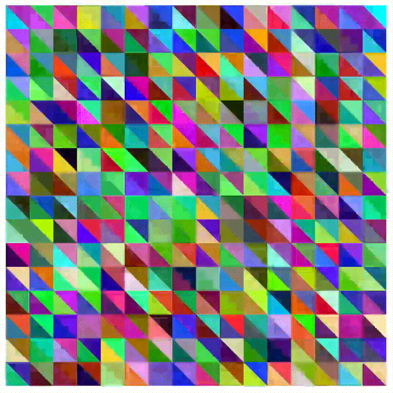 the triangles in the grid have a new colour on every frame, creating a chaotic flash effect